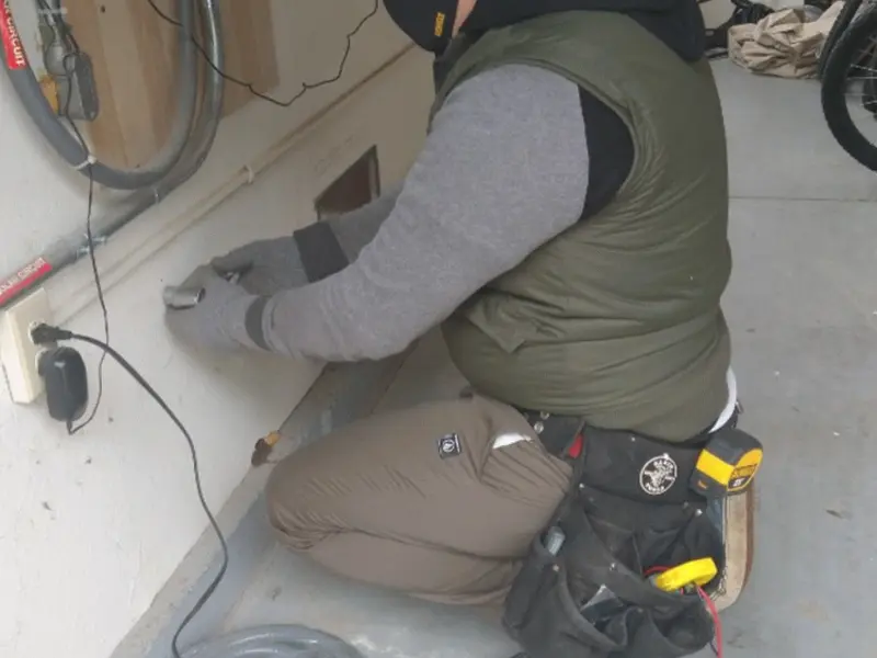 Electrician performing outlet wiring in a Sunrise Manor garage